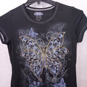 IFSE Butterfly T-shirt Monterrey Gold Blue Glitter Black LIGHT Top Womens XL
